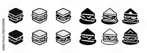 Monochrome sandwich illustrations: various styles of black and white sandwich icons