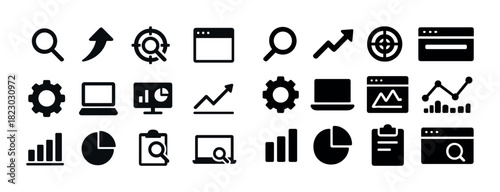 Collection of business and analytics icon set including graphs and computers