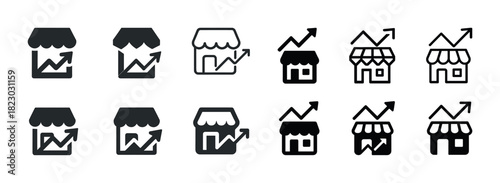 Set of storefront icons with growth arrows in various styles