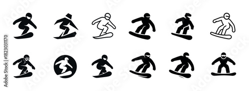 Silhouette icons of snowboarding in various action poses
