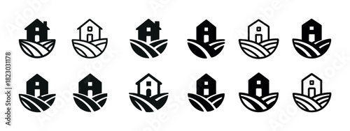 Variety of house and farm icon designs: black and white symbol collection