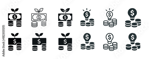 Money growth icons: currency, coin stacks, ideas, investment, finance