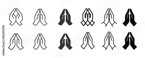 Twelve variations of praying hands icons in outline and solid styles
