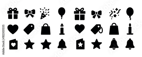 Set of black gift and celebration icons including presents and balloons