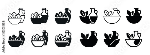 Set of salad and dressing icons in black and white