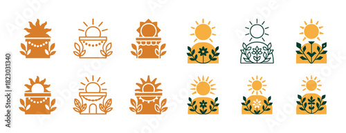 Stylized sun and nature icons with plant designs and geometric shapes