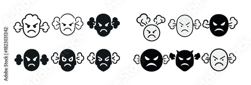 Set of angry emoji icons with expressions and steam effects