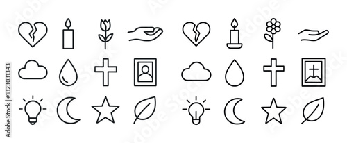 Funeral and memorial line icons: heart, candle, flower, cross, image, cloud, leaf, star, moon, hand