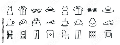 Minimalist fashion and dining icons - apparel, accessories, food, beverage