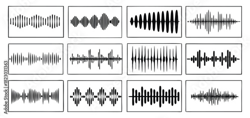 Audio waveform set frequency sound wave design element isolated on a transparent background for presentation and graphic design resource.