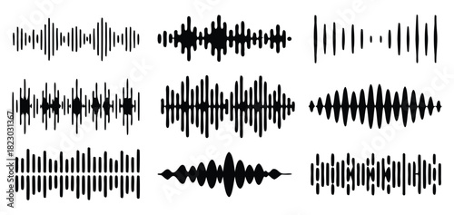 Equalizer sound wave signal set for audio voice design and studio recording with visual waveform of audio sound wave vector illustration.