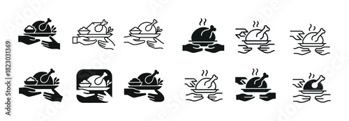 Icon set of chicken dinner hand delivery in various styles