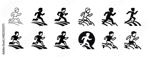 Silhouette icons of running figures in dynamic motion