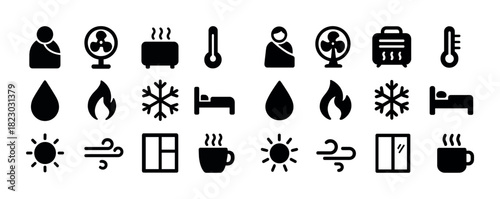 Icons of temperature, airflow, and comfort: fans, heaters, thermometers, and windows