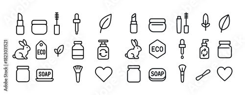 Eco-friendly beauty and skincare line icons collection