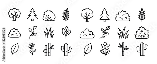 Collection of simple line art trees and plants icons