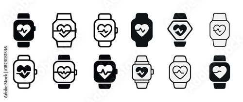 Collection of smartwatches with heart rate icons in various styles and designs