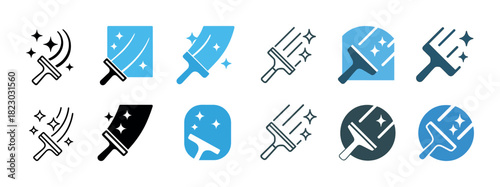 Set of cleaning icons: squeegees and sparkles in various styles and colors