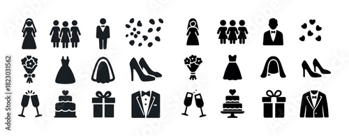 Wedding icons set: bride, groom, dress, cake, rings, flowers, gift