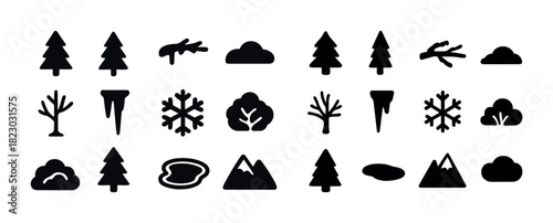 Silhouette icons of trees, clouds, snowflakes, mountains, and icicles