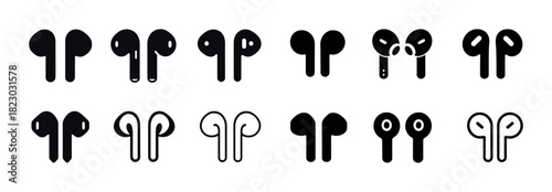 Various iconic wireless earbud designs in black and white styles