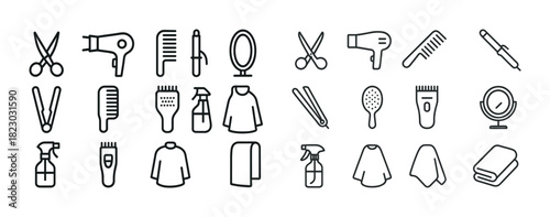 Hair salon tools and accessories icons set: scissors, comb, hairdryer, mirror, spray bottle