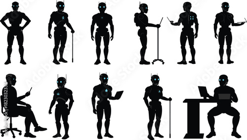 Humanoid robot silhouettes, black and white, glowing eyes, futuristic AI, assistive roles, technology design, robotics illustration, artificial intelligence, 