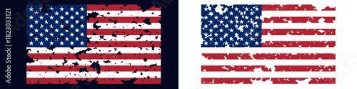 Two american flag designs, one vintage and weathered, and one modern and pristine, on a dark backdrop.