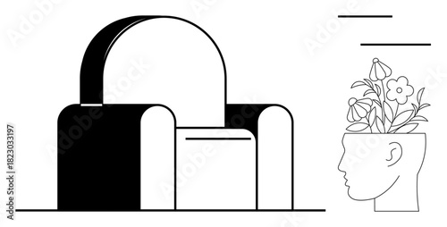 Architectural shapes with bold contrasts beside a human profile with blooming flowers. Ideal for creativity, growth, mindfulness, design, architecture, innovation, education. A simple flat metaphor