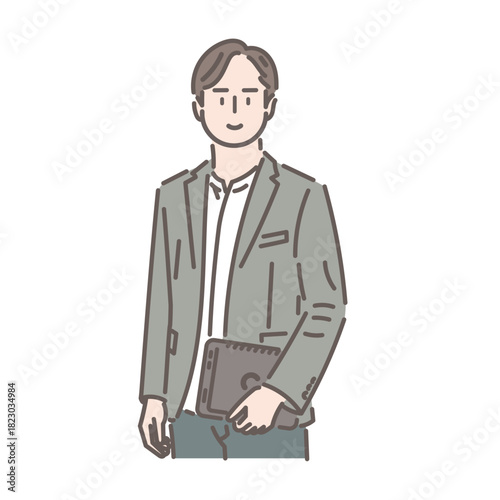 ノートパソコンを持つスタイリッシュなビジネスマンのイラスト カラフルな配色