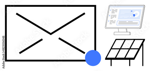 Email envelope, solar panel, computer screen displaying data highlight energy innovation, digital communication, and data management. Ideal for technology, sustainability, efficiency, renewable