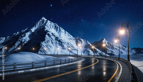 A snow-covered mountain with a winding road lit by old lampposts, a night sky full of stars, a realistic and magical atmosphere.