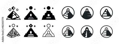 Geometric pyramid icons set in black and white