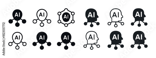 Ai icon set with brain and network elements