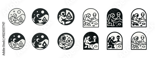 Astronaut and alien icons collection in black and white space designs