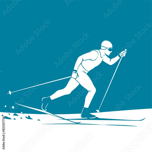 Dynamic cross country skiing silhouette on crisp winter day, perfect for sports marketing or winter activity promotions, evoking energy and athleticism