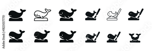 Silhouette icons of whales and harpoons representing marine conservation themes