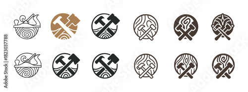 Woodworking logo set: plane, hammer, axe, circular designs in brown and black