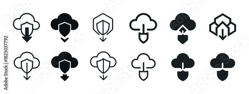 Cloud security icons: set of black and white download with shield symbols