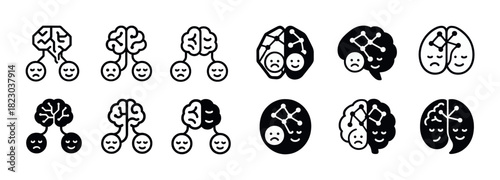 Set of brain and sad face icons depicting mental health concepts