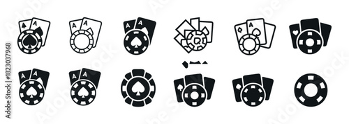Black and white casino icons: poker chips and playing cards