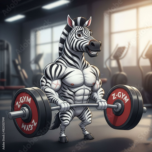 Cartoon zebra lifting weights inside of the gym