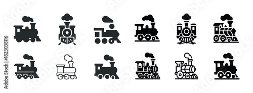 Collection of vintage train icons illustrating classic steam engine designs