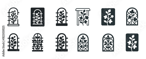 Set of decorative botanical icons with trellis designs in monochrome style