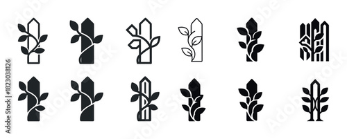 Set of black and white fence icons with leaf designs