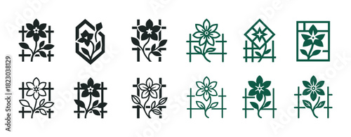 Set of floral icons with geometric patterns in black and green