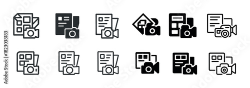 Set of black and white media icons: camera, video, photo, document symbols