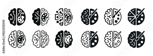 Black and white brain designs: artistic and geometric variations