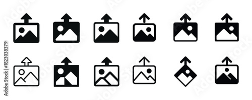 Set of upload icons featuring images with arrows in various styles