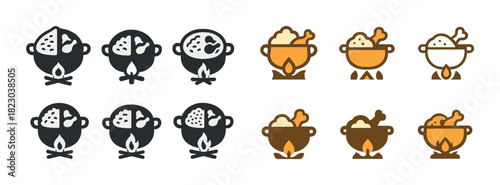 Set of camping pot icons with steam over flames in black and orange styles